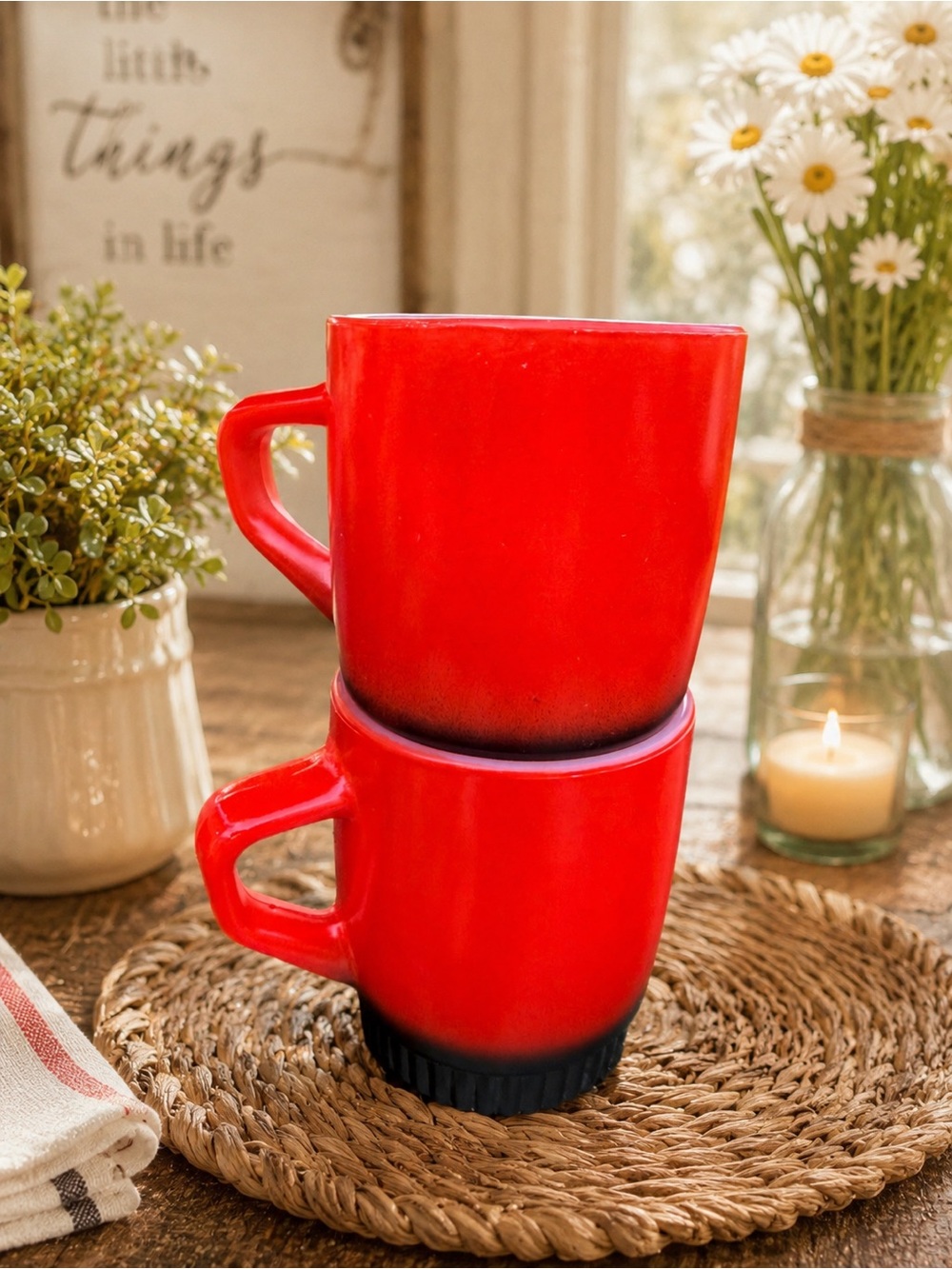 Fire King Red Ceramic Stackable Mugs with Black Gradient - Set of 2